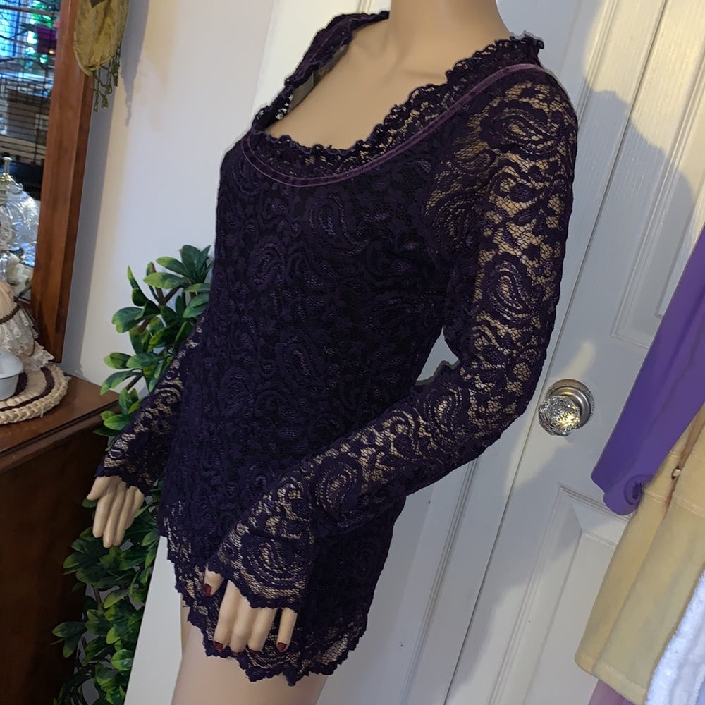 Vintage 90s royal purple stretch lace velvet ribbon square neck tunic top L